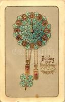 Christmas, clock, E.A.S. floral golden decoration litho (fa)