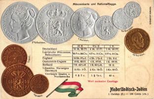 Niederländisch-Indien / Dutch East Indies; set of coins, flag, silver and golden decoration Emb. litho (wet damage)