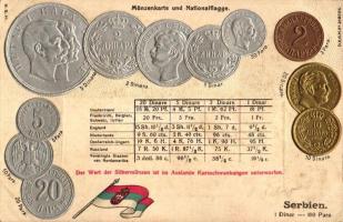 Serbien / Serbia; set of coins, flag, silver and golden decoration Emb. litho (wet damage)