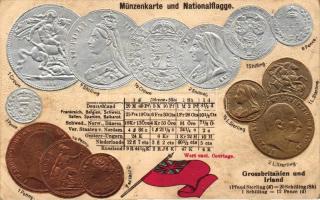 Grossbritanien und Ireland / Gret Britain and Ireland; set of coins, flag, silver and golden decoration Emb. litho (wet damage)