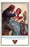 Deutscher Schulverein Karte Nr. 366.; German folklore, music sheet, spinning lady, artist signed (EB)