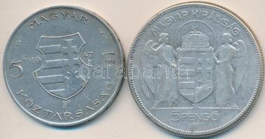 1930. 5P Ag "Horthy jobbra" + 1947. 5Ft Ag "Kossuth" T:2-,3 ph
