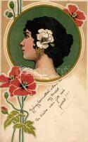 Lady, floral Art Nouveau litho (EK)