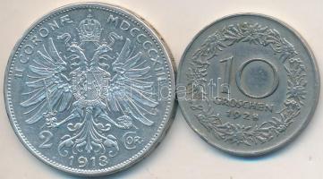 Ausztria 1913. 2K Ag "Ferenc József" + 1928. 10Gr Cu-Ni T:2,2-
Austria 1913. 2 Corona Ag ...
