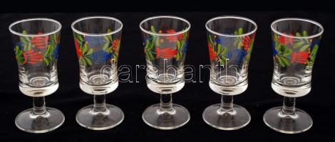 Festett fa doboz, 15x19x6 cm, + 5db festett üveg pohár, hibátlan, m: 10 cm