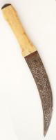 Csont nyelű antik dísz tőr, díszített pengével, rozsdás, h:28 cm