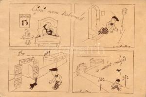 WWII-era Hungarian airforce humorous postcard s: Martinovits, 'Cini nem babonás' Humoros magyar légierős grafikai képeslap s: Martinovits