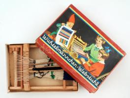 Szövőszékes régi gyerekjáték, német nyelvű leírással, saját dobozában