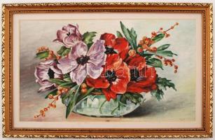 Anyu jelzéssel: Virágcsendélet. Olaj, vászon, sérült, keretben, 24×40 cm