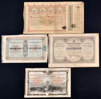 10db-os sorsjegy és részvény tétel, benne "Egyházi Műemlék Alap" Sorsjegykölcsöne 5Ft-ról a budapest-lipótvárosi bazilika kiépítésére s egyházi műemlékek fenntartására, "Magyarországi Jószív Egyesület" sorsjegye 2Ft-ról, "Magyar Jelzálog-Hitelbank Nyeremény-Jegye", "Magyar Királyi Nyeremény Kölcsön", "Lloyd Bank Részvénytársaság" részvénye 400K-ról, "Olasz Vöröskereszt" kötvénye 25L-ról,  "Concordia Gőzmalom Részvénytársaság" részvénye 2000K-ról, "Magyar Országos Központi Takarékpénztár" záloglevél 5.000K-ról T:vegyes