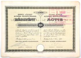 Budapest 1920. "Bárdi József Automobil Részvénytársaság" részvénye 200K-ról, szárazpecséttel, felülbélyegzéssel T:II-