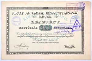 Budapest 1920. Király Automobil Részvénytársaság részvénye 200K-ról szelvényekkel, szárazpecséttel, felülbélyegzéssel T:I-,II