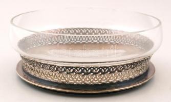 Christofle ezüstözött asztali alátét, jelzett, üveggel(sérült), d: 18 cm, üveg d: 19 cm