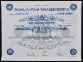 Szerencs 1929. "Hegyalja-Mádi Takarékpénztár" 10 részvénye összesen 250P-ről, szelvényekkel, szárazpecséttel, felülbélyegzéssel T:I-