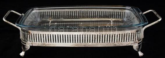 Pyrex Corning jénai üvegtál, fém füles tartóval, 31×20 cm (üveg)