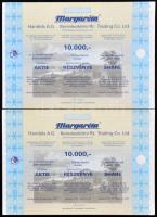 Budapest 1991. "Margaréta Kereskedelmi Rt." 2db részvénye 10.000Ft-ról, mindkettő három nyelven és szelvényekkel T:I