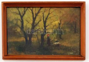 Olvashatatlan jelzéssel: Gombászok az erdőn, olaj, fa, üvegezett fa keretben, 19×30 cm