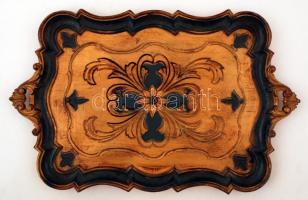 Dekoratív préselt füles tálca, festett fa, 36×58 cm