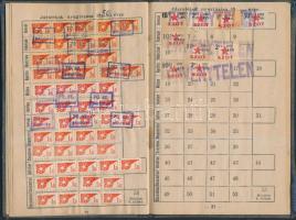 1949 a Magyarországi Vas- és Fémmunkások Országos Szabad Szakszervezetének kitöltött tagsági könyve, benne járulékbélyegzésekkel