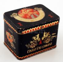 Cinsky Caj I. Jakost fém teás doboz, kopásnyomokkal, 7,5x5,5x5,5 cm