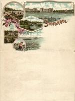 Siófok, Szálloda és étterem, fürdőzők, park és sétány; Freund Mór floral, Art Nouveau litho (kihatjahtó lap / folding card)