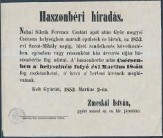 1853 Győr, A néhai csatári apát után maradt épületek és birtok haszonbérbe adásáról szóló hirdetmény