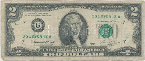Amerikai Egyesült Államok 1976. 2$ zöld bankcímer és sorszám eltolódva T:III kis szakadás USA 1976. 2 Dollars green bank seal and serial numbers are dislocated C:F small tear