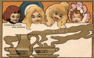 Cioccolato Talmone, G. Ricordi & C. Milano / Italian chocolate advertisement art postcard, girls litho