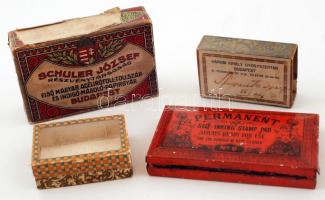 4 db régi dobozka: Schuler József Első Magyar Acélírótoll-Tollszár- és Indigó-Másoló-Papírgyár, Permanent Self-Inking Stamp Pad, Beretvás Gyógyszertár Kispest, Három Király Gyógyszertár Budapest