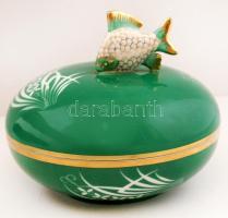 Herendi halas bonbonier, kopott aranyozás, jelzett, kézzel festett, d:12 cm, m:9,5 cm
