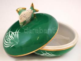 Herendi halas bonbonier, kopott aranyozás, jelzett, kézzel festett, d:12 cm, m:9,5 cm