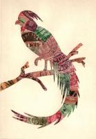 Házi készítésű, papagájt ábrázoló bélyeg montázs képeslap / stamp collage postcard