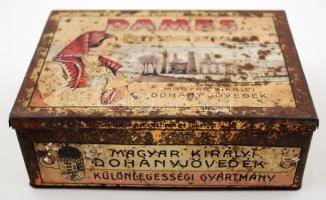 Dames Egyiptomi Szivarka illusztrált fémdoboz,kopottas állapotban, 12x9x4cm/ Dames Egyptian cigarillos illustrated box, shabby condition, 12x9x4cm