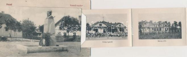 Pécel, Kossuth-szobor, leporellocard (benne vasútállomás, Erdey-nyaraló, Bárczy-villa, Peschek János...