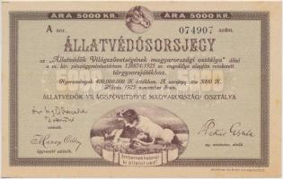 1925. "Állatvédősorsjegy / Állatvédők Világszövetségének Magyarországi Osztálya" sorsjegy 5000K-ról T:I-