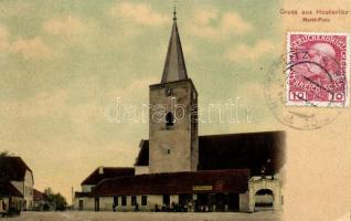 Hosteradice, Hosterlitz; Markt-Platz / market place, chuch, shop of Adolf Samstag (EK)