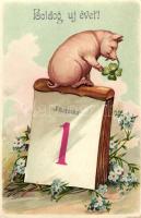 New Year, pig, clover, E.A.S. Hochgl. 7425 / m. Gold 7426. floral litho