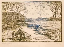 Túry Mária (1930-1992): Patakpart, rézkarc, papír, 19,5×29 cm