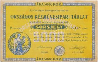 1925. "Országos Kézművesipari Tárlat" sorsjegy 5000K-ról T:I- foltok, sarokhajlás