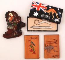 AUsztráliai szuvenír tétel: 2 db noteszfüzet, toll+kulcstartó, eukaliptuszfára festett, lakkozott kép (jelzett)