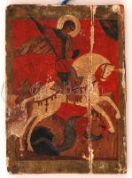 Jelzés nélkül: Sárkányölő Szent György. Sérült ikon, olaj, fa tábla, 21×15 cm