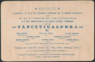 1894 Meghívó a Budapesti I., II. és III. ker. szállodások, vendéglősök, bor- és sörmérők ipartársulata által rendezett táncvigalomra