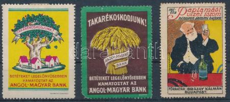 1930 Angol-magyar bank és Paptamási víz 3 db reklámbélyeg