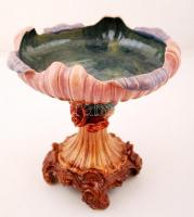 Gazdagon díszített aufsatz, mázas kerámia, jelzett, egy helyütt ragasztott, sérüléssel, m: 27 cm