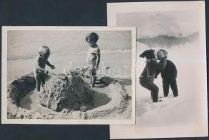 1933-1940 "Készül az új sziget a Balaton vizében", ill. "Békekötés a hógolyó-harc után", 2 db gyerekfotó, hátuljukon feliratozva, pecséttel jelzettek, különböző méretben