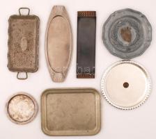 7 db régi tálca, több jelzett, fém-réz, 25×13-23×19 cm