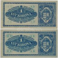 1920. 1K (2x) enyhén narancssárgás és rozsdavörös sorozat- és sorszám színvariáns T:I-