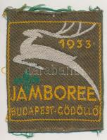 1933 "Jamboree Budapest-Gödöllő" feliratú díszes vászon felvarró, fehér csodaszarvassal, zöld liliommal, 7×5,5 cm /  1933 Richly ornated scout hemstitching with "Jamboree Budapest - Gödöllő" inscription on it, with white Wonderdeer and green fleur-de-lys, 7×5,5 cm