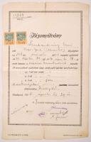 1926 Bp., Vásári kereskedés szakmában tanúsított kielégítő előhaladásról kiállított bizonyítvány 2x100 Korona okmánybélyeggel