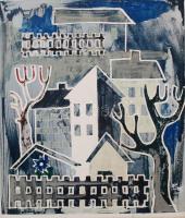 Bacsúr Sándor (1935-): Emeletes város. Tűzzománc, fém lemez, jelzett, keretben 55×48 cm